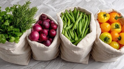 A variety of fresh organic vegetables displayed in natural fabric bags, showcasing vibrant colors and textures, ideal for healthy cooking and nutrition.