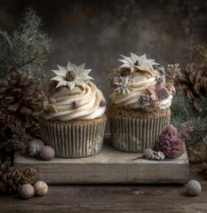 Rustic Christmas cupcakes with whipped frosting, poinsettia decorations, and dried floral accents on a wooden board surrounded by pinecones
