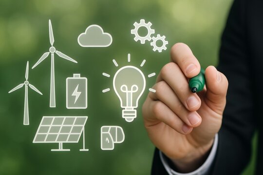Hand drawing eco-friendly energy concept with green icons including wind turbines, battery, solar panel, gears, and lightbulb on blurred background. Ai generative
