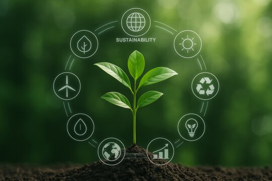 Sustainable green plant surrounded by eco-friendly energy and environment concept icons on natural blurred background for innovation and growth ideas. Ai generative