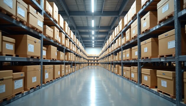 Rows of labeled cardboard boxes on metal shelves create an archive. Storage boxes neatly arranged inside the warehouse. Organization and management system in a room. Systematic records in file.