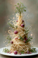 Creative Christmas tree made from spaghetti pasta garnished with herbs and festive ornaments, served on a rustic plate
