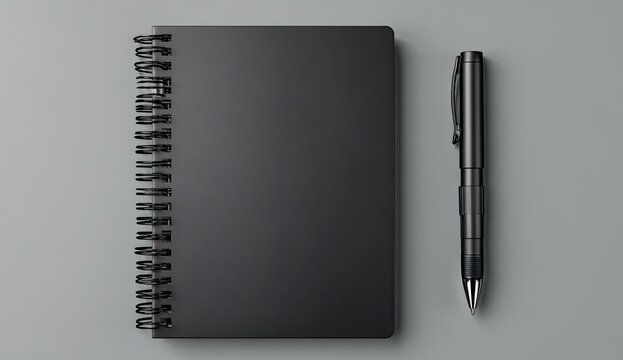 A closed, black spiral notebook lies beside a matching pen on a neutral grey background