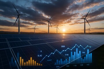 Solar panels and wind turbines generating green energy at sunset with futuristic data analytics overlay on renewable power investment growth concept. Ai generative