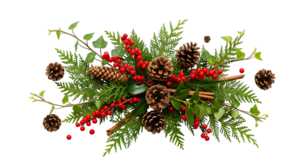 A festive christmas arrangement of pine cones holly berries and greenery on a black background