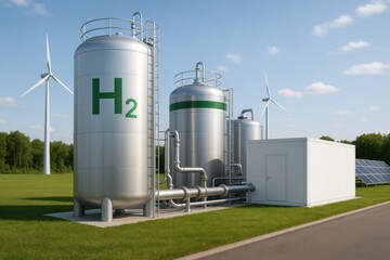 Hydrogen energy facility with storage tanks, wind turbines, and solar panels on green field under blue sky showing eco friendly renewable energy concept. Ai generative