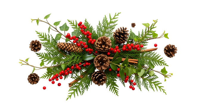 A festive christmas arrangement of pine cones holly berries and greenery on a black background - Powered by Adobe