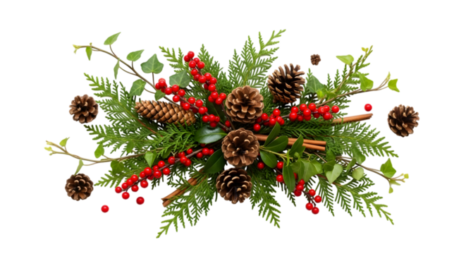 A festive christmas arrangement of pine cones holly berries and greenery on a black background