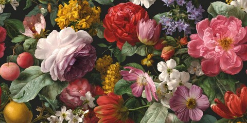 A close-up of a floral arrangement with roses, fruit, and greenery on a dark background