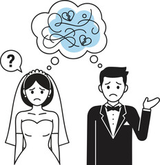 Create a Thinking, worrying, troubled, bride, groom icon vector art with white background..
