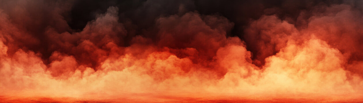 Dramatic background with glowing warm tones of orange and red smoke creating intense fiery atmosphere full of energy and movement