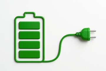 Green electric plug forming a full battery symbol on white background, representing eco energy and sustainability concept in modern digital style. Ai generative