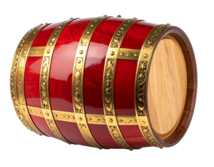  Angled Handcrafted Barrel with Red Inlays and Gold Trim, Artistic Side Perspective, Isolated