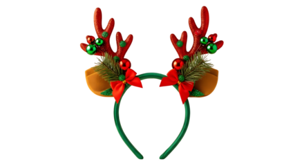 Festive red antler headband with green ornaments and bells for christmas holiday celebrations