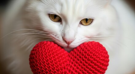 Cute White Cat Holding Red Heart Plush – Adorable Valentine Love Photo