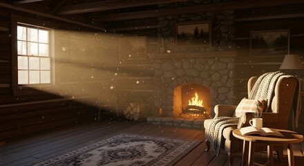Cozy rustic living room illuminated by warm sunlight streaming through a window with a crackling fireplace creating a welcoming atmosphere