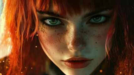 Warrior princess with red hair and freckles gazing intently.