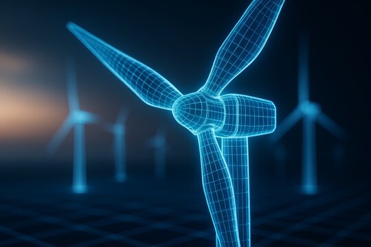 Digital wireframe of wind turbine against dark futuristic background showing eco-friendly energy and green environment technology concept. Ai generative - Powered by Adobe