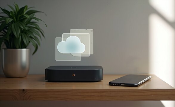Futuristic AR cloud storage interface above smart home device and smartphone on wooden desk, digital data synchronization concept.