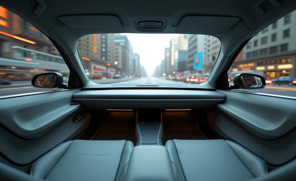 Futuristic car interior view from the back seat with blurred city lights outside, showcasing modern design and autonomous driving concept. - Powered by Adobe