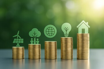 Stacks of coins with green eco icons showing renewable energy, environment, and sustainability concept on blurred nature background in warm light. Ai generative