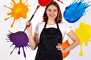 Cheerful young woman artist in black apron holding paintbrush with colorful paint splashes on white background, creative art class instructor and painting hobby concept portrait