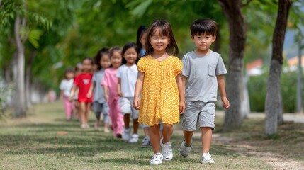 Fototapeta premium A group of children walking in a line through a green park, smiling and enjoying the outdoors. The scene conveys happiness and friendship.