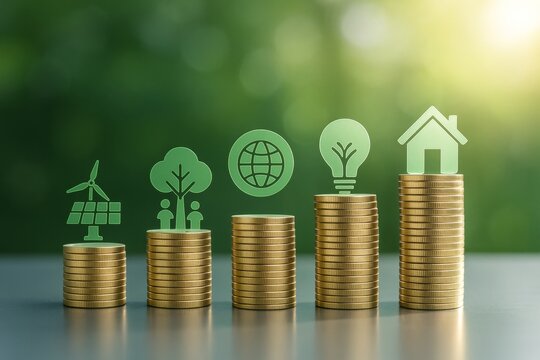 Stacks of coins with green eco icons showing renewable energy, environment, and sustainability concept on blurred nature background in warm light. Ai generative