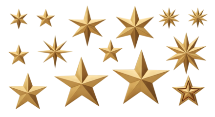 Collection of golden stars of various sizes and designs on a black background