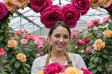 Happy young woman wearing pink rose flower crown headpiece smiling in beautiful blooming garden greenhouse with colorful roses peach magenta variety, romantic floral portrait