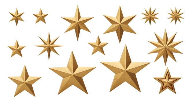 Collection of golden stars of various sizes and designs on a black background
