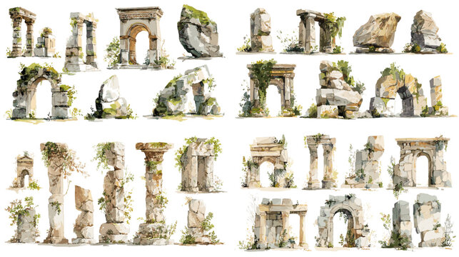 Detailed watercolor ancient ruins with arches, columns, and mossy stones. Modular archaeological clipart for history projects, fantasy maps, and heritage design.