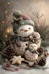 Cute Christmas snowman figurines with scarf and hat surrounded by pinecones, cookies, and festive winter decor in a snowy forest setting
