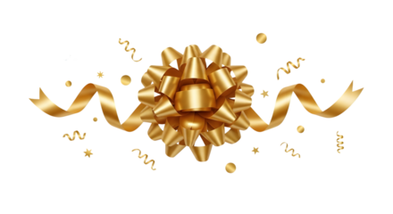 Elegant golden bow with swirling ribbons and confetti on a black background for celebrations