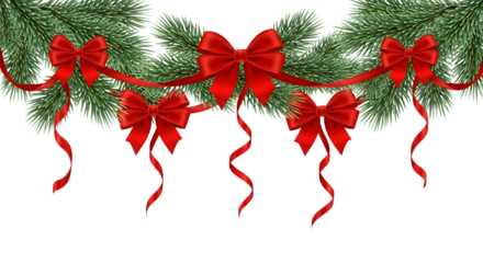 Festive christmas garland with red bows and ribbons hanging against a black background