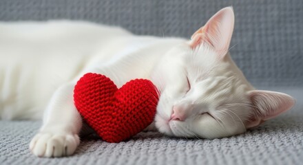 Peaceful Sleeping White Cat with Red Heart Toy – Cute Pet Love Photography