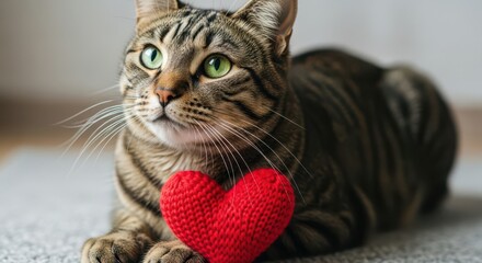 Adorable Tabby Cat with Red Heart Toy – Cute Pet Love Photography