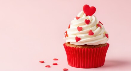 Valentine Cupcake with Heart Sprinkles on Pink Background for Love-Themed Designs