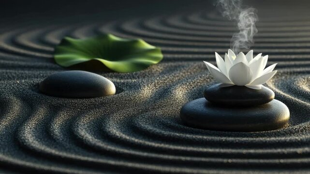 Flower in sandy center of concentric circles, Japanese zen design.