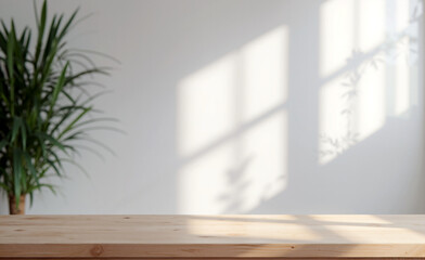 Minimal wooden tabletop with blurred shadows of window frames and indoor plants on a bright white wall background, soft daylight ambiance.