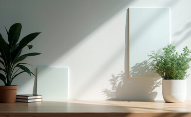 Minimalist interior with green plants in pots, books, and blank frames on wooden surface under soft natural sunlight shadows.