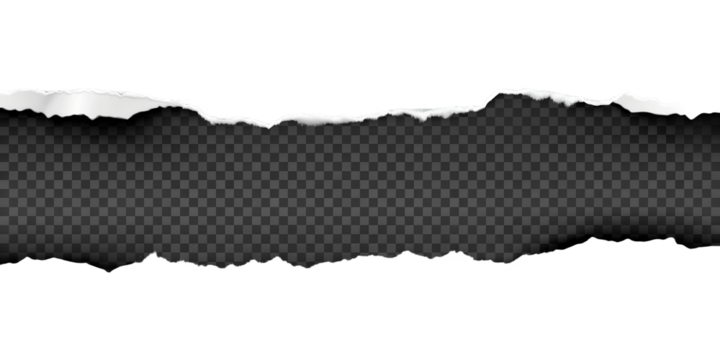 Torn black paper with a ripped horizontal gap revealing the center. Isolated on transparent background, png