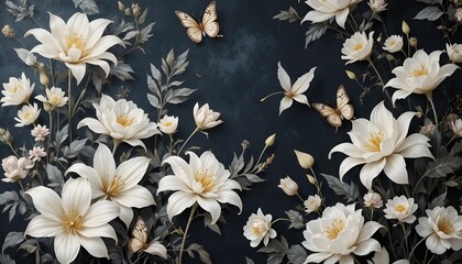 Exquisite Dark Vintage Floral Wallpaper with White Lilies, Peonies, Tulips, and Butterflies for Luxury Interiors