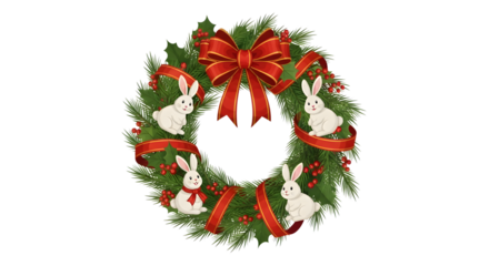 Festive christmas wreath adorned with white rabbits and red ribbons on a black background
