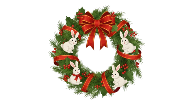 Festive christmas wreath adorned with white rabbits and red ribbons on a black background