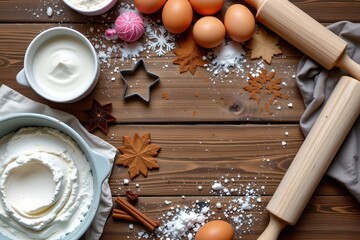 Flat lay of baking ingredients for Christmas cookies: flour, eggs, cinnamon, cookie cutters, and rolling pin on wooden table