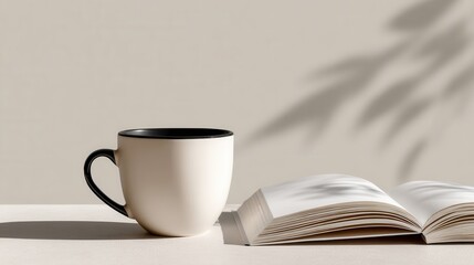 A minimalist scene featuring a coffee cup and an open book on a table with soft shadows, creating a calm and inviting atmosphere.