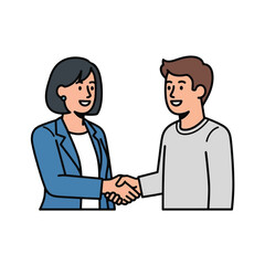 Fototapeta premium A woman and a man shaking hands, smiling, representing a business agreement or greeting.