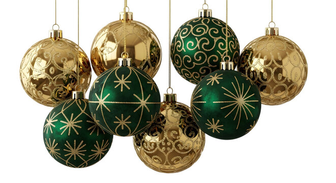 Collection of festive green and gold christmas ornaments hanging against a dark background - Powered by Adobe
