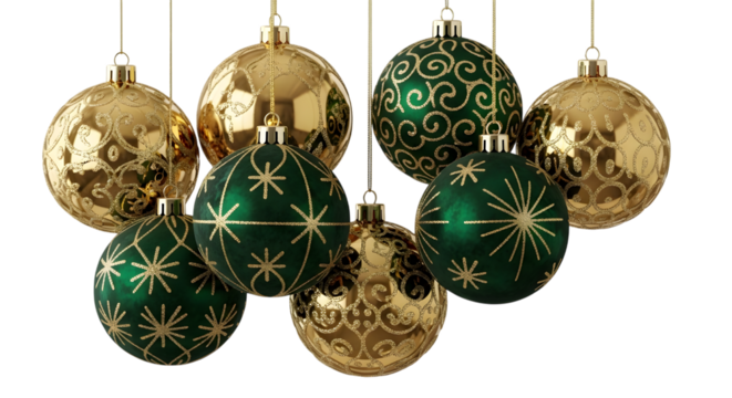 Collection of festive green and gold christmas ornaments hanging against a dark background